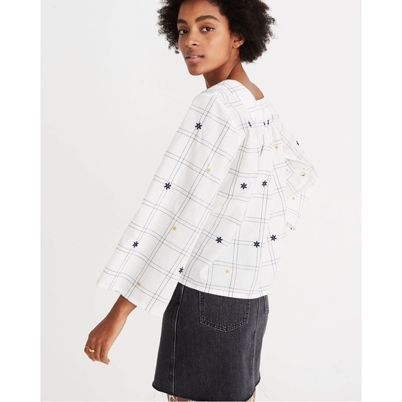 Madewell Embroidered Windowpane Square Neck Button Down Top Size X-Small - Picture 2 of 14